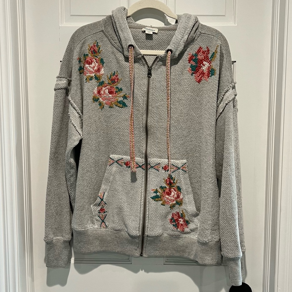 Sundance Annabeth Cross Stitch Floral Embroidery Zip Hoodie Medium Heather Gray - Picture 2 of 6